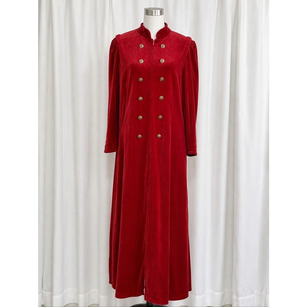 Vintage Third Generation Red Velour Button Accent Zip Front Retro Lounge Robe